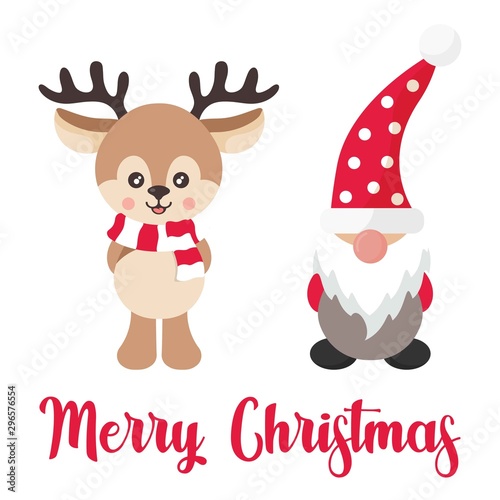 cartoon cute deer with scarf and christmas dwarf and text vector