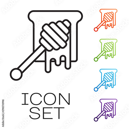 Black line Honey dipper stick with dripping honey icon isolated on white background. Honey ladle. Set icons colorful. Vector Illustration