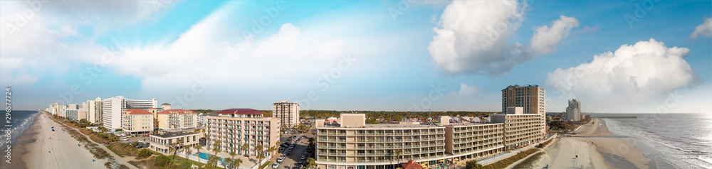 Aerial view of Myrtle Beach skyline on a beautiful day. Sand and buildings