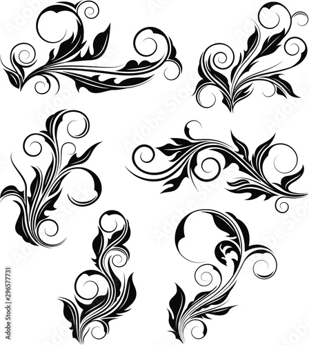 Collection of six abstract floral vector with spiral. Floral vector collection.