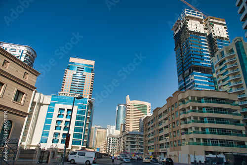 DUBAI  UAE - DECEMBER 2016  Exterior view of  modern city buildings. Dubai is a major tourist attraction