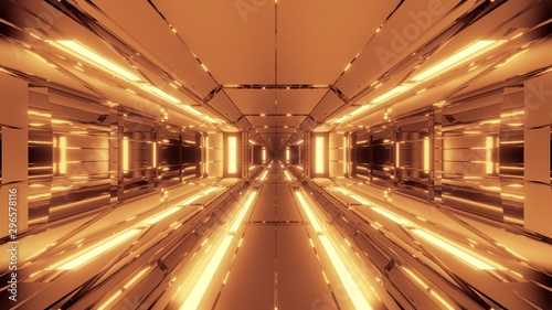 futuristic space hangar tunnel corridor with hot metal steal 3d rendering wallpaper background