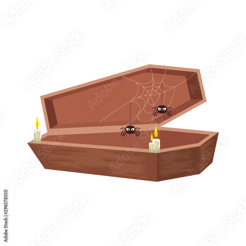 halloween coffin with spiders and candles vector illustration design