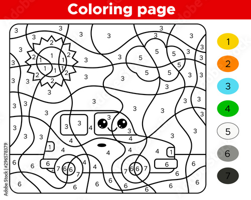 Number coloring page for preschool children. Cute kawaii transport - car. Educational game.