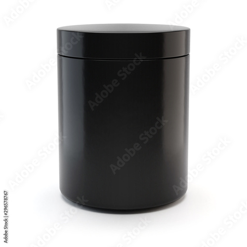 Black Realistic Glass Jar. Sport nutrition container without label. Cosmetic Container for Premium Beauty Supplement. Whey protein and mass gainer black plastic jar isolated on white background. 3d il