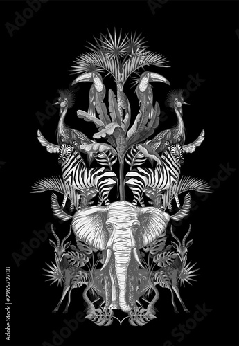 Symmetry composition with tropical trees and animals. Vector.
