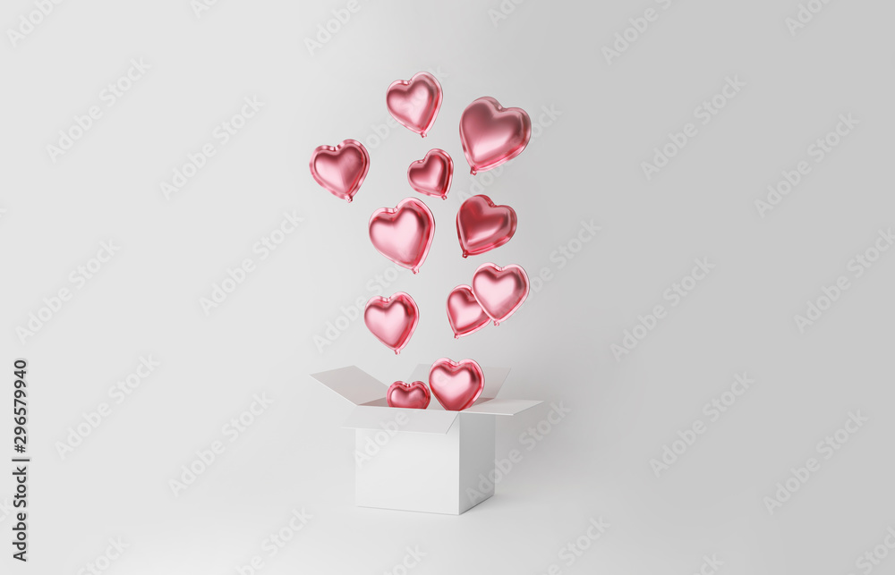 Red gold heart shaped balloons flying out of gift box, floating in the air over white studio background. Clean bright 3d illustartion with copy space for text.Surprise and love banner concept Red gold heart shaped balloons flying out of gift box, floating in the air over white studio background. Clean bright 3d illustartion with copy space for text.Surprise and love banner concept
