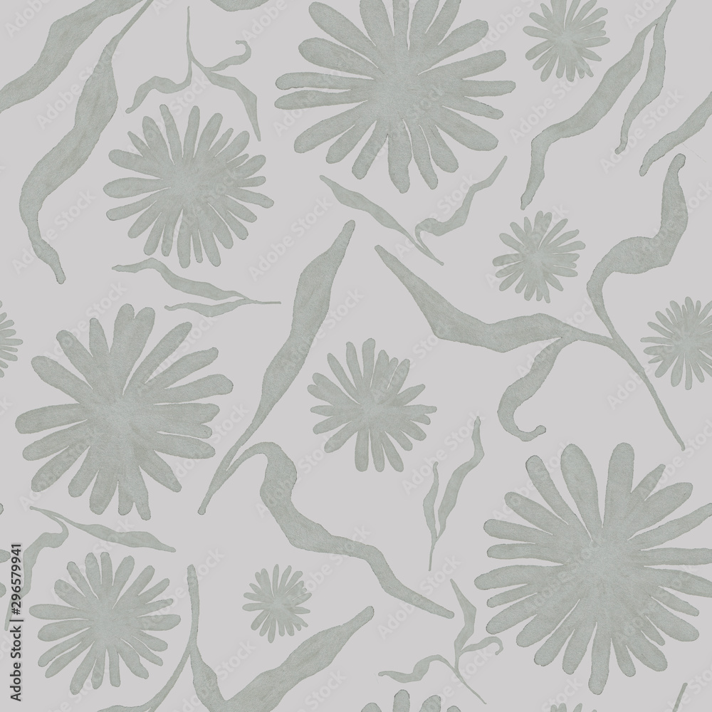 Flowers with leaves silhouettes, hand drawn seamless pattern with blossom on gray background