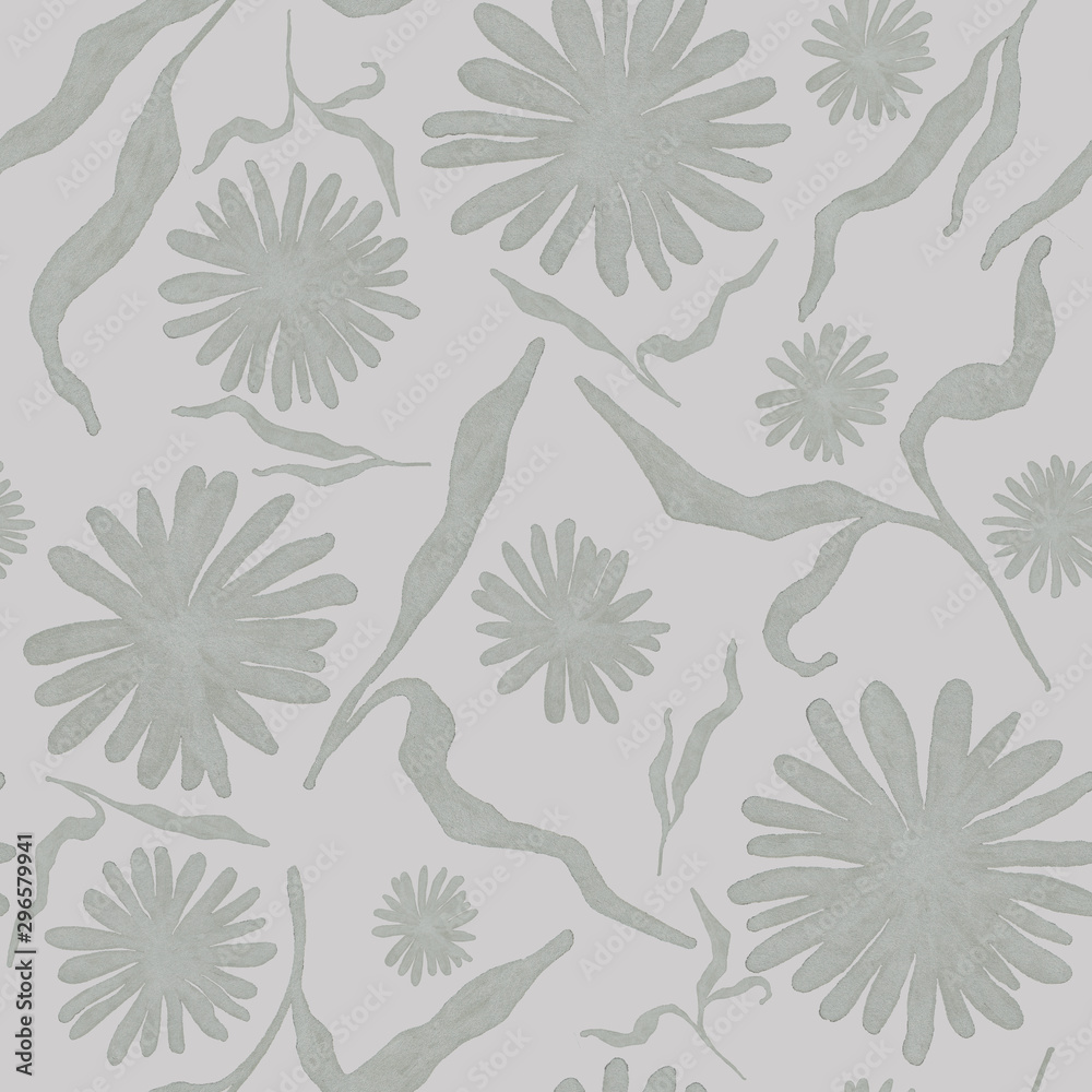 Flowers with leaves silhouettes, hand drawn seamless pattern with blossom on gray background Flowers with leaves silhouettes, hand drawn seamless pattern with blossom on gray background