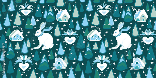 Cozy winter forest christmas pattern with hand drawn tree, cottage and snow bunny in blue and icy tones on dark blue background. Happy design for your perfect winter day and christmas season.