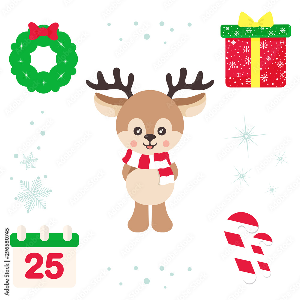 Fototapeta premium cartoon cute deer with scarf and christmas elements vector