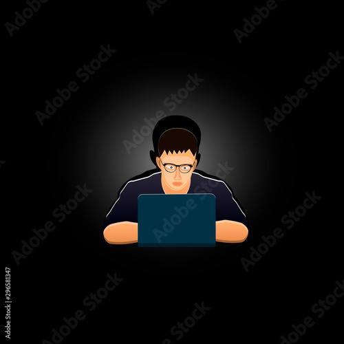 Programmer working at night at the computer. Hacker. Vector illustration