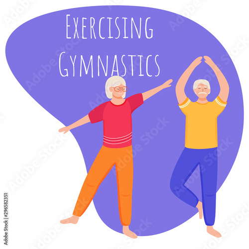 Exercising gymnastic social media post mockup. Retired people. Healthy lifestyle. Advertising web banner template. Social media booster, content layout. Promotion poster, print ads, flat illustration