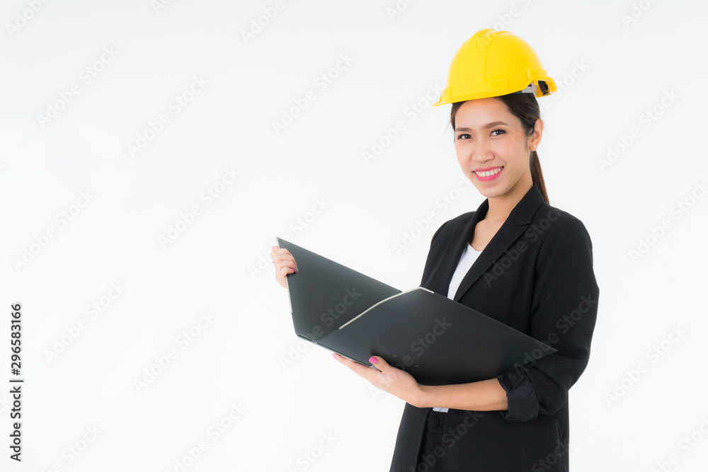 woman holding black file holder isolated on white background woman holding black file holder isolated on white background