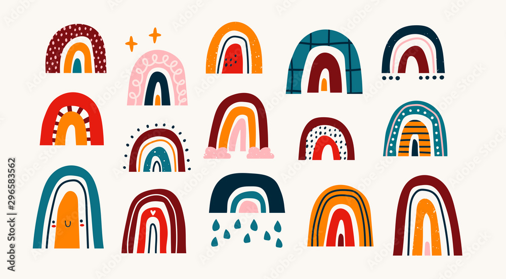 Fototapeta Various rainbows. Kids drawing style. Different ornaments. Childish scandinavian style. Flat design. Hand drawn colored vector set. Modern trendy illustration. All elements are isolated