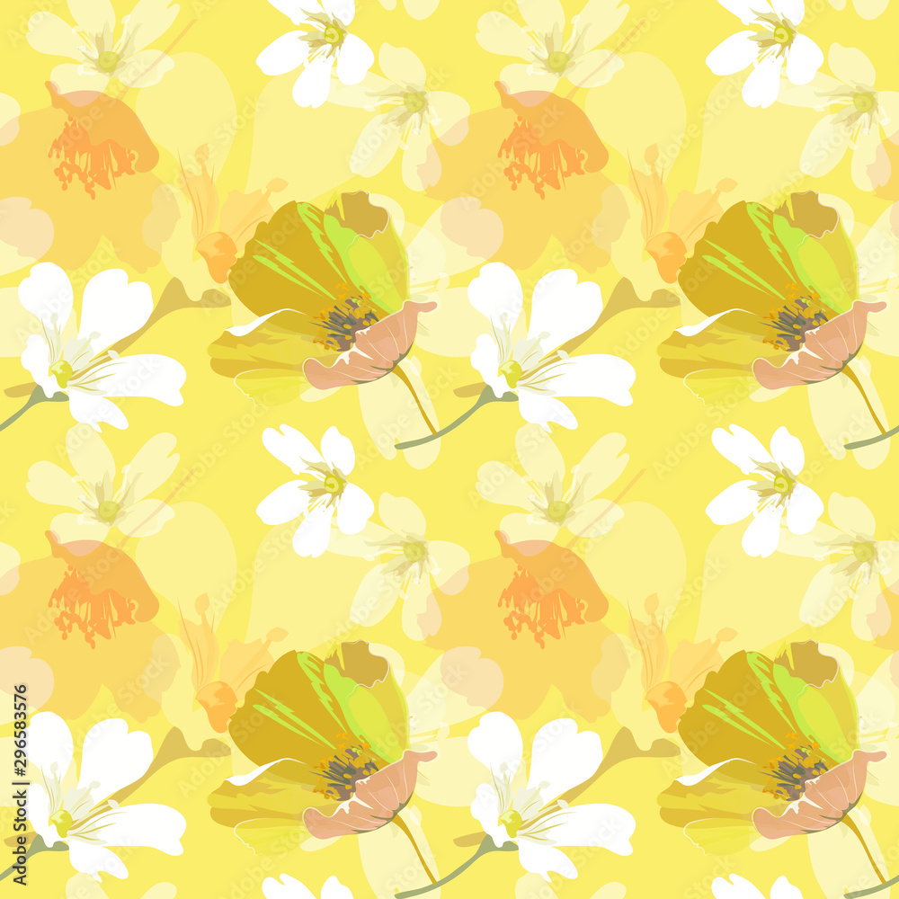Fototapeta premium Pattern floral seamless in warm yellow modern coloring abstract background of white flowers