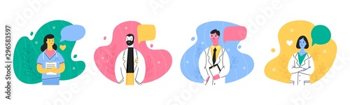 Hospital medical staff with speech bubbles. Male, female medicine workers. Doctor, surgeon, physician, paramedic, nurse. Hand drawn colored vector illustration. Cartoon style characters. Flat design 