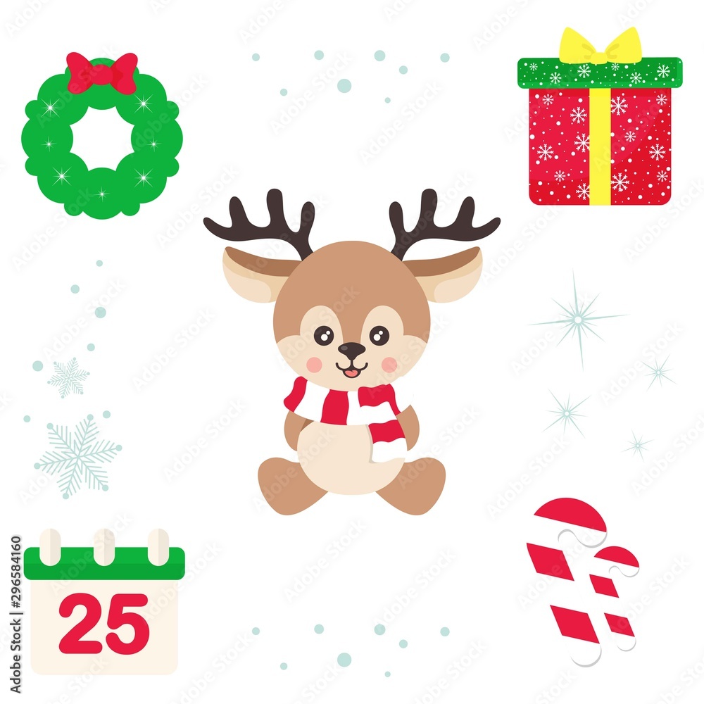 cartoon cute deer with scarf sitting and christmas elements vector cartoon cute deer with scarf sitting and christmas elements vector