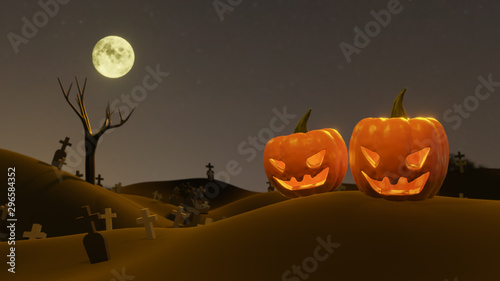 pumpkin Jack O Lanterns Ghost and a witch In the cemetery on Halloween for background or orther . 3D Rendering photo