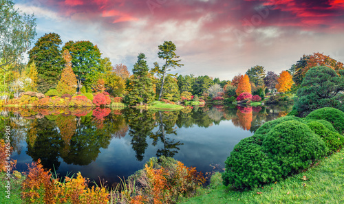 Panoramic view of Hadlock Pond in foliage season. Tree colors of Acadia National Park, Maine