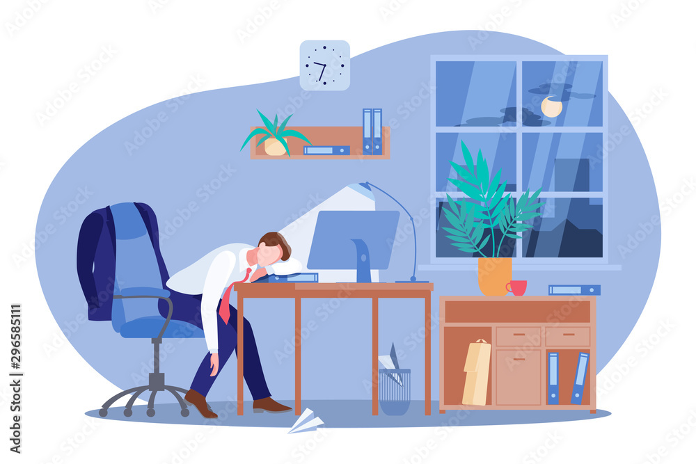 Tired man sleeping at the desk in office. Vector flat cartoon illustration. Workaholic, work stress and fatigue concept Stock Vector | Adobe Stock Tired man sleeping at the desk in office. Vector flat cartoon illustration. Workaholic, work stress and fatigue concept Stock Vector | Adobe Stock
