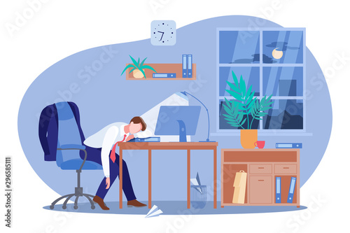 Tired man sleeping at the desk in office. Vector flat cartoon illustration. Workaholic, work stress and fatigue concept