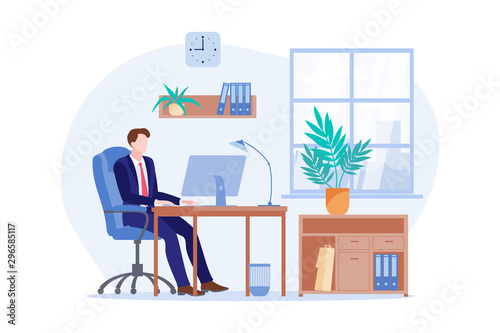 Working morning of a businessman. Vector flat cartoon illustration of office workplace. Business man works on computer