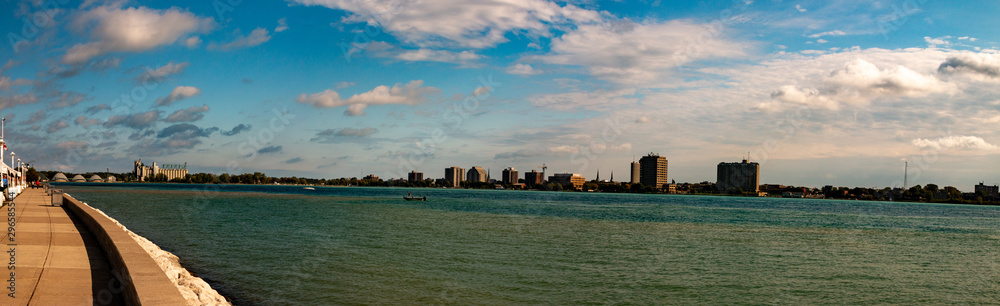 Fototapeta premium Port Huron Michigan in Panoramic format wide angle to show the industrial skyline. Nice autumn day
