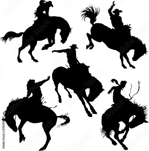 vector image of a set of silhouettes of cowboys on a wild horse mustang rodeo america