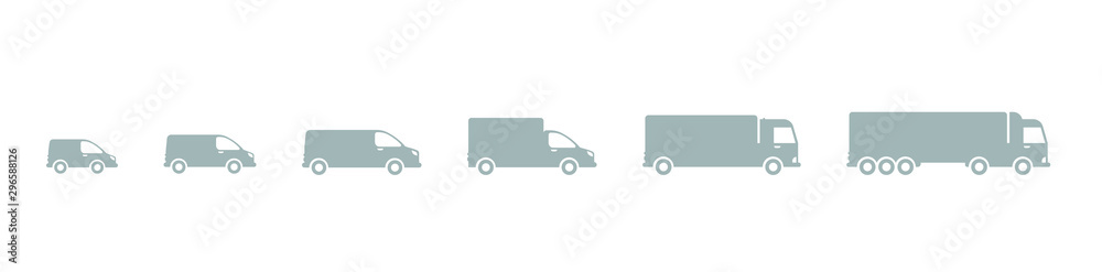 Delivery Icons. Cargo transportation. Truck car size. Transfer variation options. Shipping company. Small, medium and large. Silhouette Infographic vector.