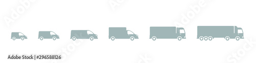 Delivery Icons. Cargo transportation. Truck car size. Transfer variation options. Shipping company. Small, medium and large. Silhouette Infographic vector.
