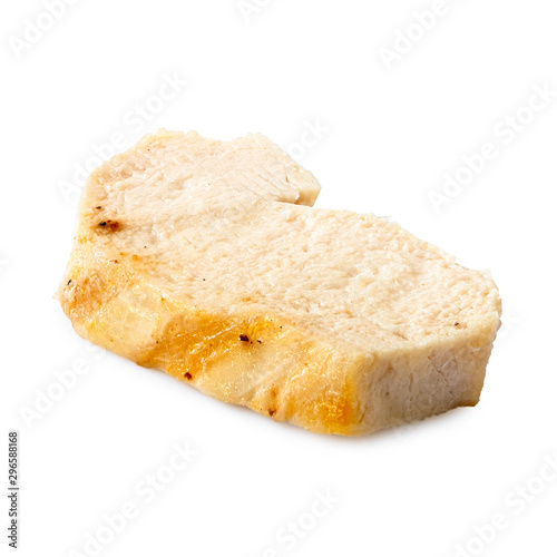 Single slice of grilled chicken breast with grill marks isolated on white.