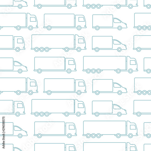 Delivery truck seamless pattern background. Cargo transportation cars. Shipping company. Outline contour blue line vector.