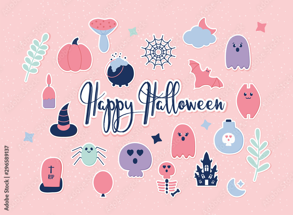 Vector Halloween banner with Flat style party icons. Happy Halloween Lettering. Scared ghost, pumpkin, haunted house, bat, tomb, skull, skeleton, spider net. Vector Halloween banner with Flat style party icons. Happy Halloween Lettering. Scared ghost, pumpkin, haunted house, bat, tomb, skull, skeleton, spider net.