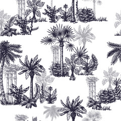 Fototapete Waldmuster Tropische Bäume Palme Banane Monstera  © Yumeee