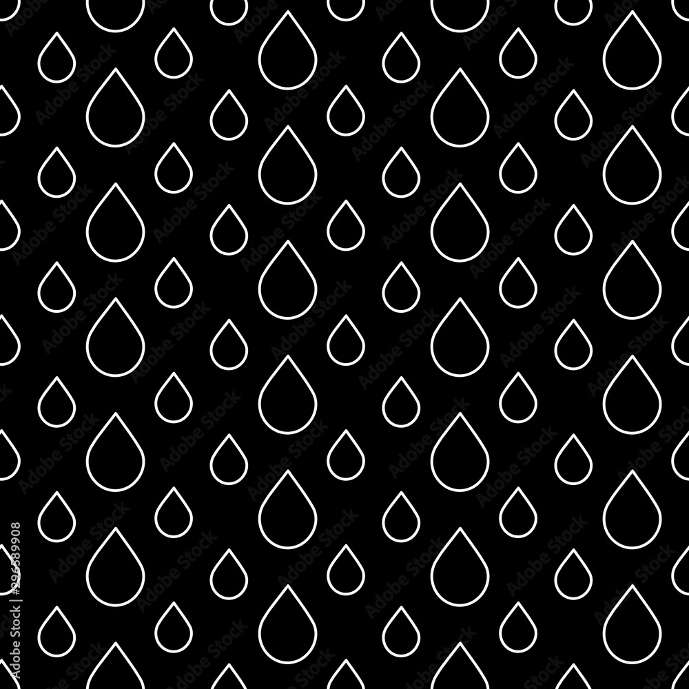 Cute black and white drop background with flat line drops. Sweet vector monochrome drop background. Seamless drop background for textile, wallpapers, wrapping paper, cards and web.