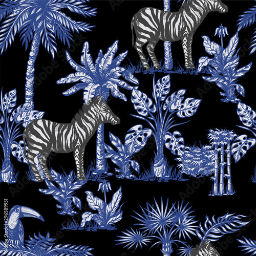 Seamless pattern with graphic tropical treees and jungle animals. Vector.