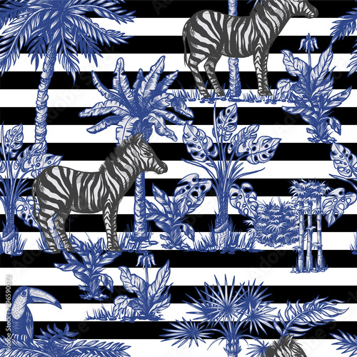 Seamless pattern with graphic tropical treees and jungle animals. Vector.