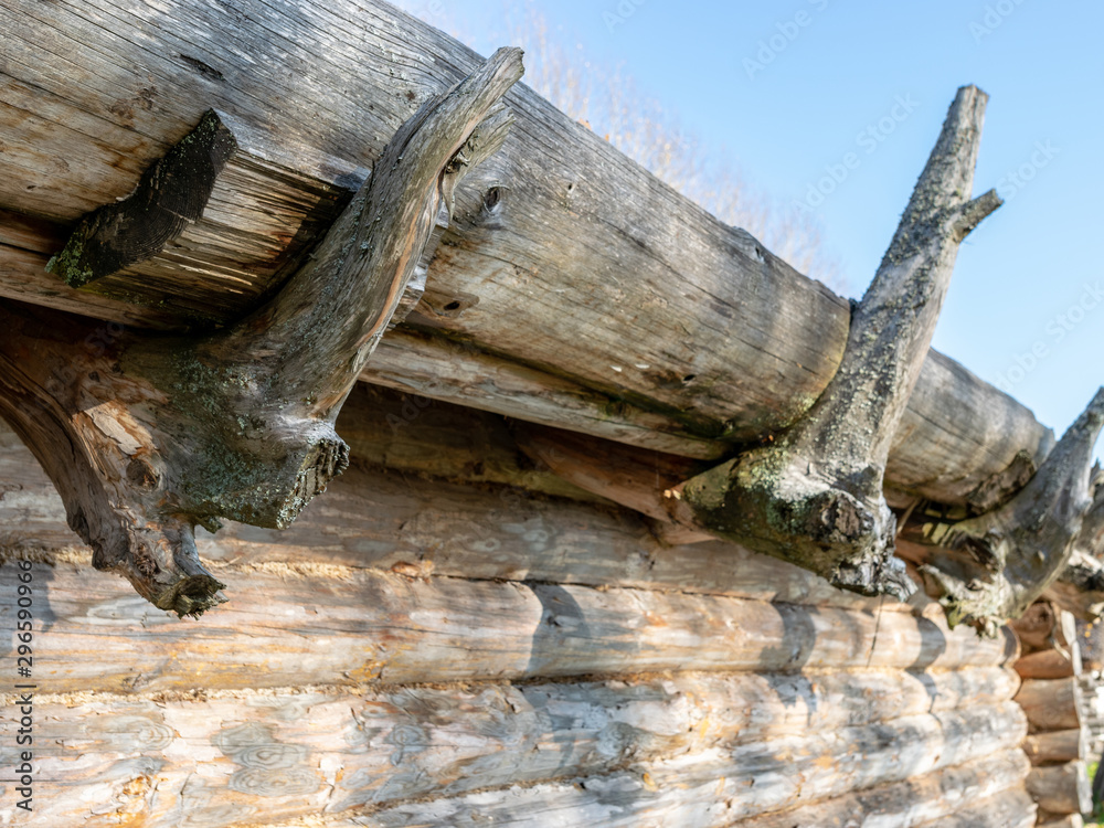 Fototapeta premium picture with old log house and interesting roof mounts