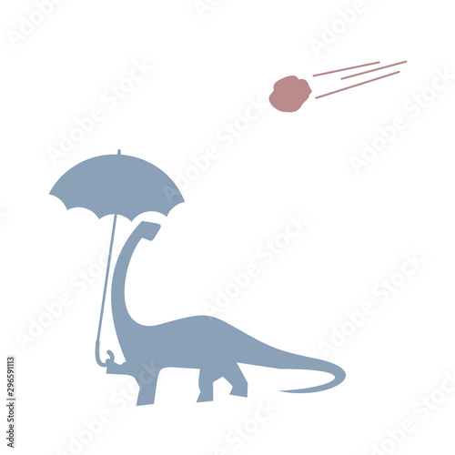 dinosaur with umbrella and meteor falling