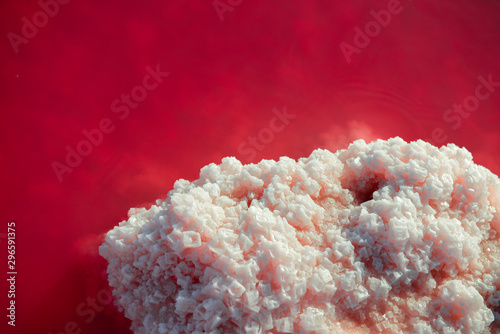 Salt mining. Salty pink lake with crystals of salt. Extremely salty pink lake, colored by microalgae with crystalline salt depositions in Torrevieja, Spain photo