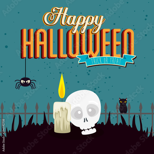 poster happy halloween with skull and icons vector illustration design