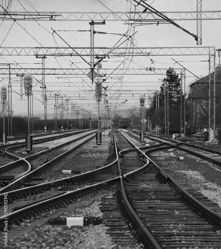 Rails at the train station. black and white photography