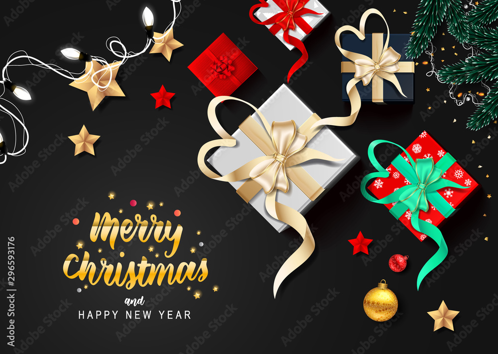 Merry Christmas and happy new year with Creative Christmas tree, fir branches, pine cones, gift boxes, holly, and string lights. Christmas greeting card vector design.