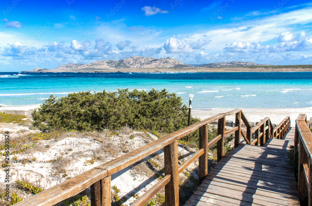 Stintino, La Pelosa beach, , is one of the most beautiful sandy beaches of the Mediterranean. Turquoise water. Sassari, Sardinia, Italy.