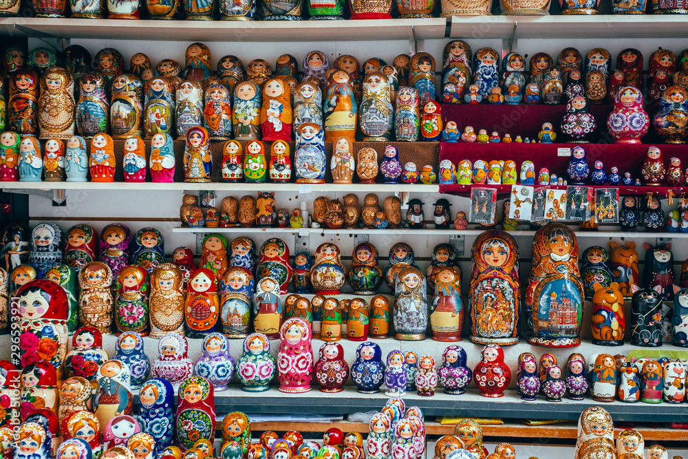 Russian Souvenirs matryoshka dolls background sale