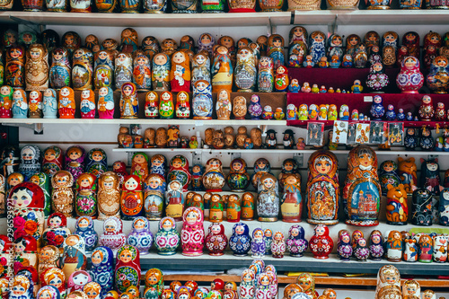 Russian Souvenirs matryoshka dolls background sale
