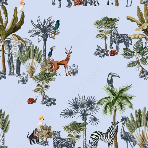 Seamless pattern with tropical trees and animals in graphic style. Vector.