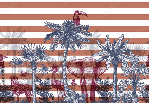 Seamless border with graphical tropical tree such as palm, banana and jungle animals. Vector.