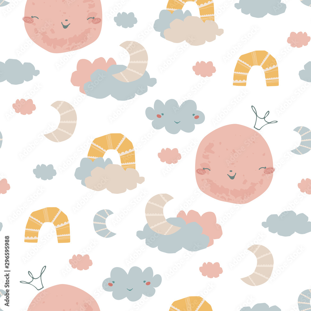 Seamless pattern with rainbow, clouds, moon in the crown. Background in hand drawn style for poster, fabric, wallpaper, textile, wrapping paper. Vector illustration
